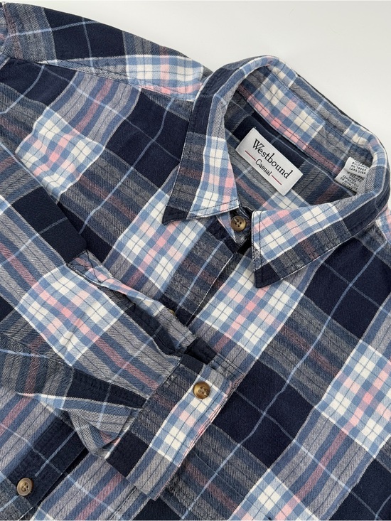 Westbound Tops - Westbound Blue White Plaid Long Sleeve Button Up Blouse Top XL Gorpcore Casual
